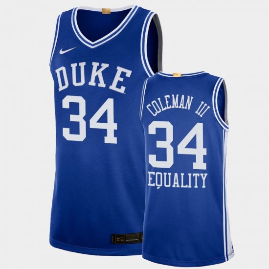 #34 Henry Coleman III Equality Social Justice Duke 2020-21 College Basketball Men\'s Blue Jersey 181840-673